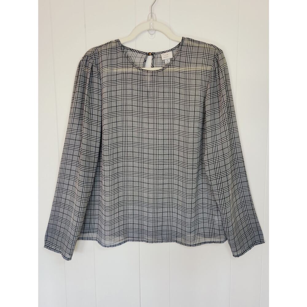 Black White Sheer Plaid Blouse Long Sleeve Workwear Old Money Classic Top L